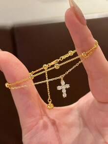 HOTNICE Vòng tay hai lớp hạt hình chữ thập, thời trang và sang trọng, phù hợp cho phụ nữ đeo hàng ngày. - Vàng - Xem 4