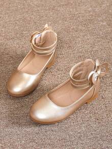 1 Pair Solid Color Fashion Side Hook And Loop Bow Decor Girls/Kids Flat Shoes, Comfortable & Durable, Suitable For Spring, Summer, Autumn - Gold - View 2