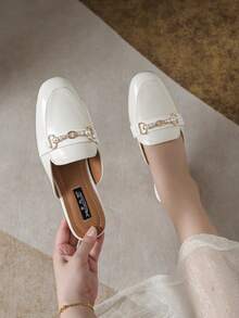 Mengshangli Zapatos de mujer tipo mule sin cordones, de unicolor y estilo colegial, zapatos planos con decoración de perlas metálicas en estilo punk, bohemio y retro, adecuados para la oficina, vacaciones y fiestas, para primavera/verano - Albaricoque - Ver 5
