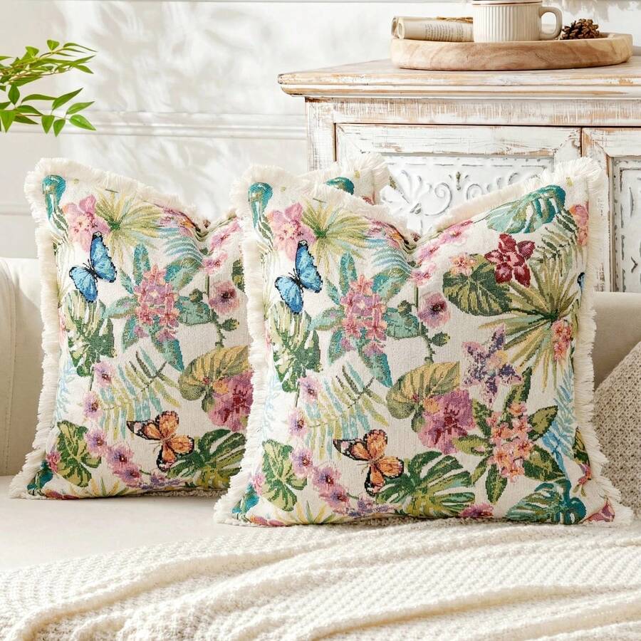 1 pieza Funda de cojín estilo granja vintage, Funda de almohada suave con bordado floral, Cojín decorativo de sofá con borlas y flores tropicales, Decoración de dormitorio, Funda de almohada rústica con borlas, Funda de cojín suave con mariposa bohemia, Artículo de decoración del hogar, Verde, Rosa, Azul - Mariposa azul - Ver 1