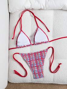 Bộ bikini nữ kiểu dáng retro kẻ caro, cổ yếm, dây buộc điều chỉnh được, phong cách nghỉ dưỡng dễ thương, lý tưởng cho bãi biển và hồ bơi. - Nhiều màu - Xem 4