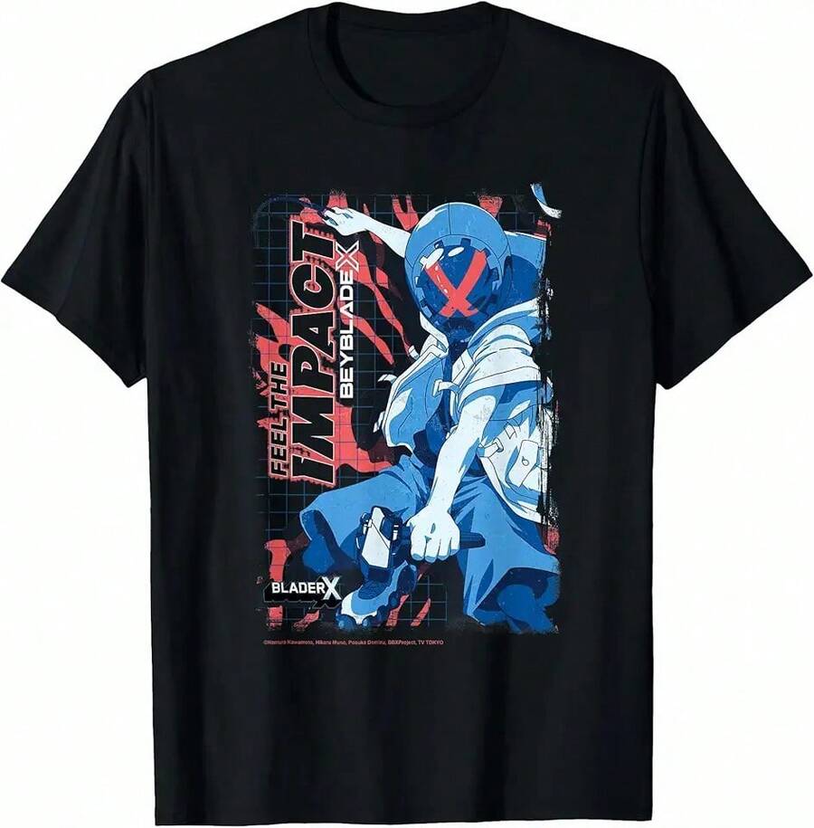 Bey Bla De X Jaxon Blader X Feel The Impact T-Shirt Graphic Tee, Vintage Style, Retro Print, Casual Wear, Unisex T-Shirt, Classic Fit, Crew Neck, Daily Outfit - 黑色 - 查看 1
