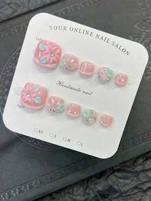 1 Set 10 Pcs Of Sparkling Square Shaped Press On Toenails, Pink Handmade Toenail, Versatile Handmade 3D Flower And 3D Leaf, Hand Drawn Sparkling Toenails, Pink French Tip Style, Blue And Pink Little Flowers Element Design, Sparkling Rhinestones Accents, Elegant Sexy Style For Women Banquet Toe Nails, Suitable For Women And Girls, Party, Wedding, Daily Wear, Includes Tool Kit.Handmade Press On Nails Toenails.Summer Toenails.Short Toenails.Press On Fake Nails.Nail Supplies Art Handmade Press On Nails - M - 查看 5