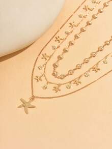 3pcs/Set Summer Ocean Shell Handmade Chain Necklace, Fashion Fresh Daisy Starfish Tassel Copper Handmade Necklace, Romantic Beach Resort Wear Jewelry For Women. Handmade Chain Can Be Cut To Desired Length, Shell And Starfish/Daisy Quantity And Arrangement Are Random. - Gold - View 3
