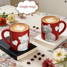 Ceramic Coffee Cup, 3D Cute Cat Print Coffee Cup, Household Water Cup, Juice Cup, Large Capacity, Cute Couple Friend Coffee Cup - Hand Washed Only, Heat Insulation, Reusable, Suitable For Juice, Milk And Coffee, Perfect Gift For Coffee Lovers, Men And Women, Suitable For Couples Back To School, 2PCS - 紅色 - 查看 5