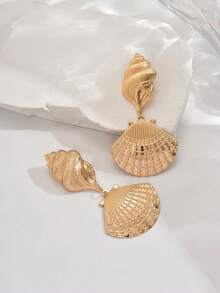 1 Pair Fashionable Cute Sea Shell & Snail Shaped Dangle Earrings, Suitable For Beach Vacation Wear - Yellow Gold - View 3