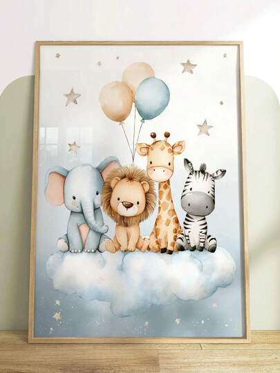 1pc Framed Canvas Wall Art, Children's Room Decor, Wild Animal Theme, Animals On Clouds, Kids Room Decor, Nursery Wall Decor, Newborn Gift, Spring/Summer Decoration, Daycare Decor, Preschool Decor, Boys Bedroom, Girls Bedroom, Boho Style, Cute & Fun Kids Room Art, Vibrant Modern Wall Decor, Cartoon Animal Decorative Art