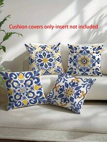 4pcs/1pc Bohemian Vintage Pattern Throw Pillow Cover - European Retro Blue & Yellow Floral Tile Design, Suitable For Daily Room, Living Room, Sofa And Bedroom Decor, Pillow Cover Size: 18x18 Inches, Zipper Closure, Removable And Washable - Multicolor - View 3