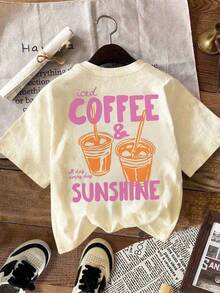 Iced Coffee & Sunshine Printed T-Shirt - Short-Sleeved Crew Neck Casual Top, Lightweight And Breathable, Perfect For Spring And Summer Wear, Machine Washable, Brightly Colored Printed Short-Sleeved T-Shirt | Spring Everyday Wear - 杏色 - 查看 3
