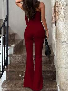 Women's Sexy Elegant Asymmetric Shoulder High Waist Black Jumpsuit |   Sexy, Slim-Fit, Elegant, Suitable For Parties, Casual Wear, And Nightclub Outfits Summer - 酒紅色 - 查看 7