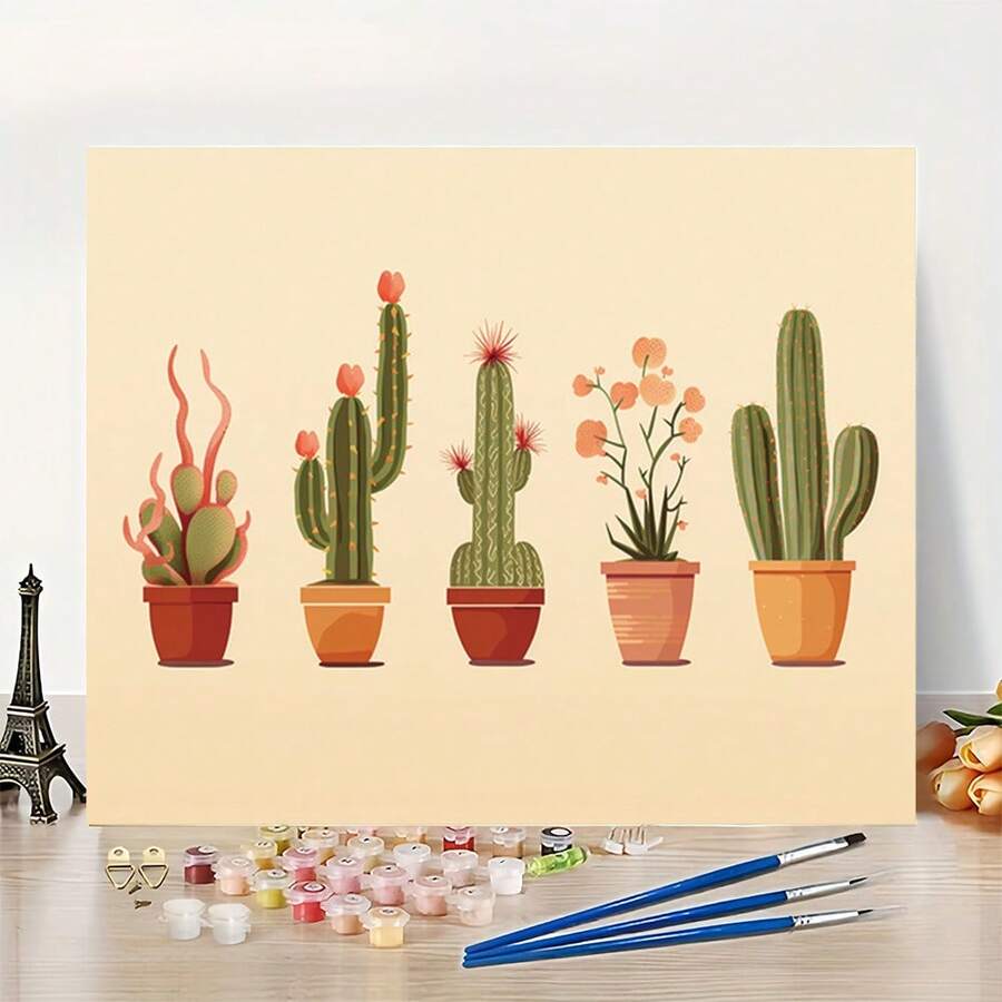 Uso artístico profesional, 1 pieza de cactus en maceta adorable - Kit de pintura por números DIY para principiantes - 40.64x50.8 cm - Sin marco - Pintura por números - Set de arte hecho a mano - Pintura acrílica por números - Adecuado para decoración de pared del hogar y regalos - Marco no incluido - Sin marco - Ver 1