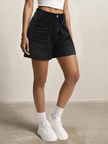 Y2K Casual Washed Ripped Pockets Leopard & Star Patchwork Denim Shorts, Multi-Functional Relaxed Fit Denim Hotpants For Summer - Smoke Black - View 4