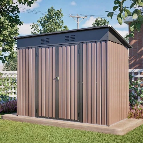 8x4 FT Metal Garden Shed With Sturdy Metal Foundation, Weatherproof Garden Shed For Garden & Patio, Spacious Garden House In Brown – Incl. Foundation Frame (Base Plate Required) - Brown - View 1