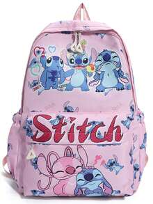 Stitch Pattern Backpack, Ideal For Students And Travelers - Bright Pink Multi-Compartment Everyday Backpack Adorned With Lilo And Stitch Patterns - Large Capacity Backpack With Side And Front Pockets - Ergonomic And Comfortable Shoulder Design, Perfect For School - Also Suitable For Outdoor Leisure - Multicolor - View 9