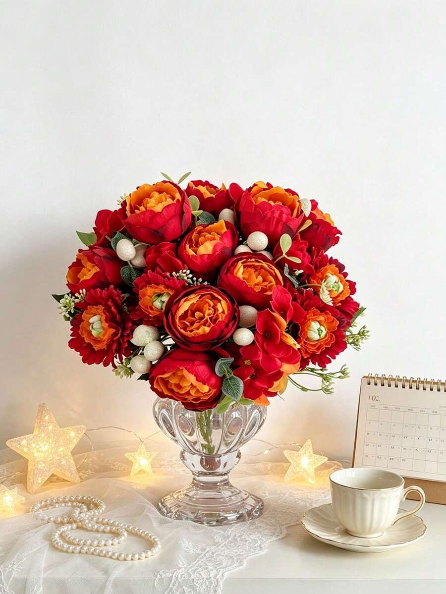 1 pieza 29 cm Rosa artificial Peonía, emparejada con Crisantemo esférico, Floral realista, adecuado para jarrón de Día de San Valentín DIY, ramo de boda, fiesta, decoración del hogar sala de estar cocina jardín, hotel oficina, corona DIY regalo, centro de mesa comedor, decoración de cumpleaños, decoración interior y exterior, flores de plástico falsas a granel para decoración de jarrón, decoración rústica del hogar, boda bohemia - Rojo - Ver 1