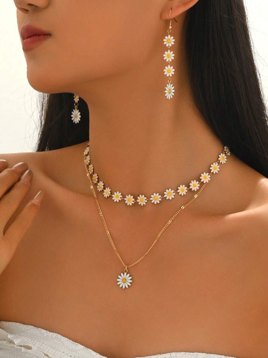 4 pièces/set Ensemble de bijoux délicat et polyvalent avec fleurs de marguerite dorées, comprenant des boucles d'oreilles et un collier. Design minimaliste et doux, convient pour un port quotidien, les rendez-vous et les fêtes - Multicolore - Voir 1