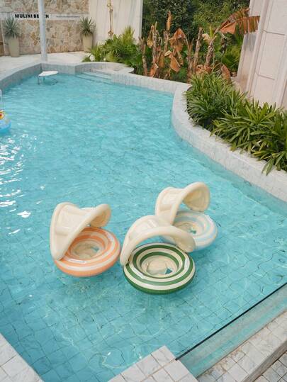 1pc Inflatable Swimming Ring Pool Lounger For Kids, With Detachable Sunshade And Handles - Heavy Duty PVC Ring Float, Multi-Color (Pink/Green/Blue) - Lake, Beach, Pool Leisure Chair, Anti-Sinking Design