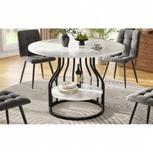 Mesa de comedor redonda (80*80*76cm), mesa de comedor de cocina, mesa de centro redonda para 4 personas, pequeño estante redondo en el medio para almacenamiento, adecuada para comedor, sala de estar, tablero de mármol MDF, negro - Negro - Ver 3