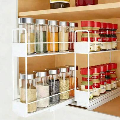 Stozle Heavy-Duty Double-Layer Sliding Spice Rack Storage Box With Labels - Adjustable Metal Kitchen Cabinet Storage Rack, Space-Saving Sliding Mechanism, Powder-Coated Finish, Perfect For Pantry And Kitchen Organization.