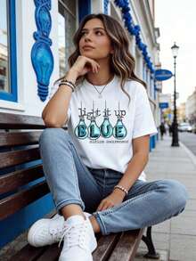 Camiseta Azul "Light It Up" para la Concientización sobre el Autismo para Mujeres, Regalo de Apoyo al Autismo con Diseño de Bombilla - Blanco - Ver 4