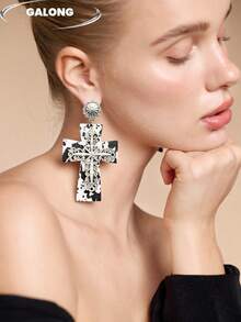 1 Pair Vintage Baroque Style Large Silver Cross Earrings, Black & White Carved Hollow Drop Long Earrings, Gothic Personalized Fashion Earrings For Women - Multicolor - View 6