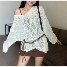 Women's V Neck Hollow Out Rhombus Pattern Loose Knit Beach Cover Up, Lightweight Breathable Crochet Swimwear Cover Up For Spring Summer Vacation Resort Wear, Casual See Through Knitted Cardigan For Pool Swim Bathing Suit Coverup - 白色 - 查看 2