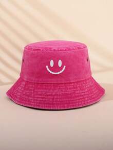 1pc Retro Solid Color Smiling Face Kids Bucket Hat, Outdoor Sports Travel Sun Protection Unisex Bucket Hat - Face - View 4