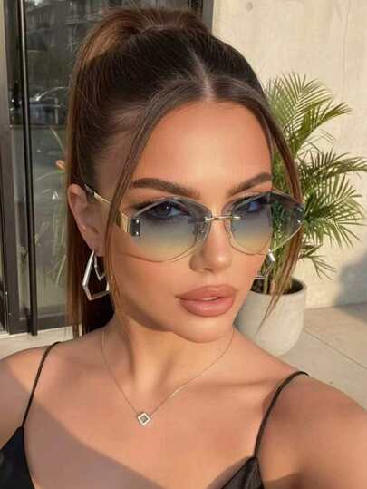 1 Pair Women's Frameless Edged Rhombus Geometric Metal Ocean Slice Fashion Glasses, New Dopamine Personalized Street Party Decoration, Elegant Daily Vacation Retro Versatile Shades, Suitable For Beach, Travel, Driving, Outdoor Activities