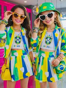 Conjunto Infantil Brasil Cropped + Shorts Saia + Jaqueta Blogueirinha Fashion Colorido 3 peças - Multicolorido - Visão 4
