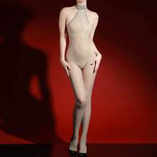 White Full Body Bodysuit Lingerie With Open Crotch Design Glossy Black Stockings Horse Oil Infused Smooth Silky Feel And All Day Comfort IJGO - 灰色 - 查看 2