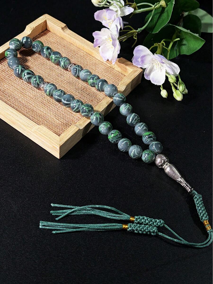 1条穆斯林33珠玻璃花珠手工流苏吊坠念珠手链，男女通用 - 彩色 - 查看 1