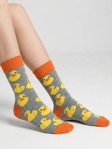 Cute Cartoon Yellow Duck Print Mid-Calf Socks, Unisex Creative Fashion Socks, Breathable Casual Socks For Spring/Summer, Suitable As Sweet Gift For Duck Fans - Multicolor - View 7