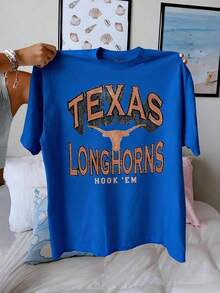 FashionTexas Longhorns Graphic Showcasing Iconic Longhorn With Vintage Distressed Lettering, Casual Tee Ultimate Fan Comfortabl - Blue - View 4