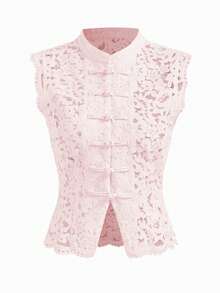Women Long Sleeve Mandarin Collar Guipure Split Blouse Top Lace Floral Puff Sleeve Button-Down Shirt Slim Fit Elegant Sheer Tops Party Clubwear - 無袖粉紅色 - 查看 7
