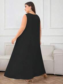Plus Size Women Solid Color Round Neck Sleeveless Casual Loose Dress Elegant Summer - New Black - View 3