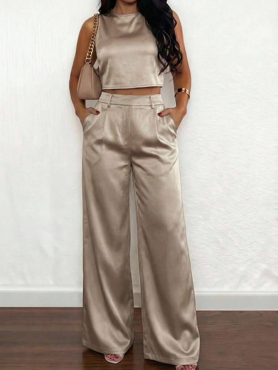 ANCHOSE Conjunto de top de satén sin mangas color champán + pantalones largos de cintura elástica suelta para mujer, diseño de cuello redondo y espalda con botones, uso casual, diario, de fiesta y vacaciones de moda - Oro champán - Ver 1