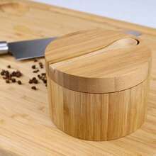 1 Pack Bamboo Seasonings Box With Spoons Salt Box With Lids Pepper Spice Cellars Storage Container - Wood Color - View 2