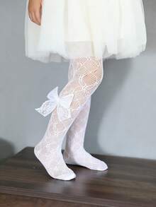 1pc Girls' Sweet Cute Lace Bow Floral Jacquard Mesh Tight Pantyhose, Girls' Breathable Tights For Spring/Summer, Suitable For Lolita, Lady & Princess Style Outfits - White - View 2