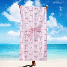 1pc Ultra-Fine Microfiber Pink Bow Beach Towel | Quick Dry, Strong Wrap Design, Suitable For Beach And Pool, Polyester - Multicolor - View 1
