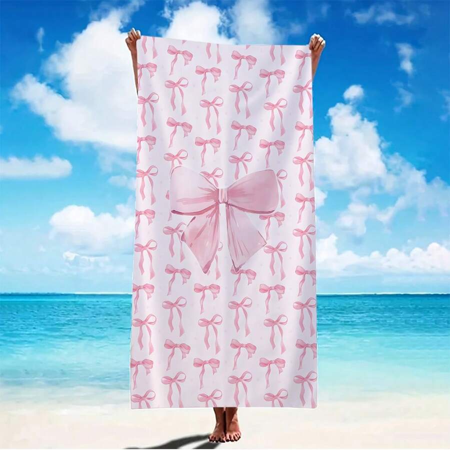1pc Ultra-Fine Microfiber Pink Bow Beach Towel | Quick Dry, Strong Wrap Design, Suitable For Beach And Pool, Polyester - Multicolor - View 1