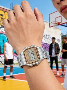 Casio Unisex Retro Square Silver-Gold Dual-Tone Stainless Steel Band Digital Display Alarm Clock Date Watch, Classic Y2K Aesthetics Casual Daily Wear Gift - Silver - View 2