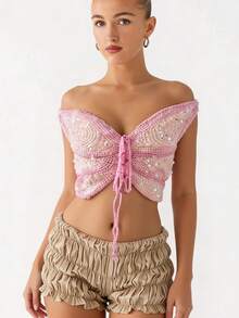 Y2K Women's 3D Butterfly Sequin Crop Top, Off Shoulder Cut Out Tie Front Glitter Top For Festival Rave Vacation - Hồng - Xem 7