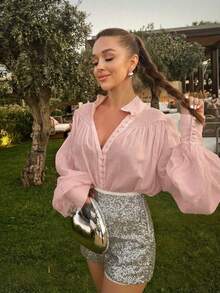 女士优雅长袖翻领纽扣前开襟雪纺衬衫 粉色 春季 - 粉色 - 查看 3