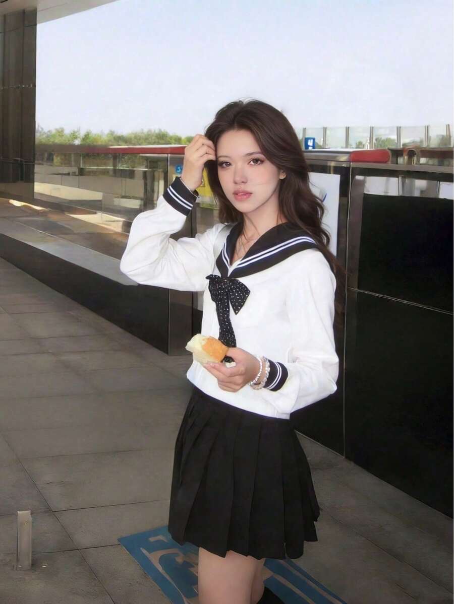 Kawaii Academy 風水手服領 Cosplay 制服,附領結與百褶裙,日系女學生風長袖套裝,2 件式 JK 水手服 - 彩色 - 查看 1