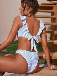 Blue White Striped Ruffle Bikini Set, Double Layer Ruffle V-Neck Top & High Waisted Brief Bottoms, Sexy Beach Swimwear - Màu xanh nhạt - Xem 2