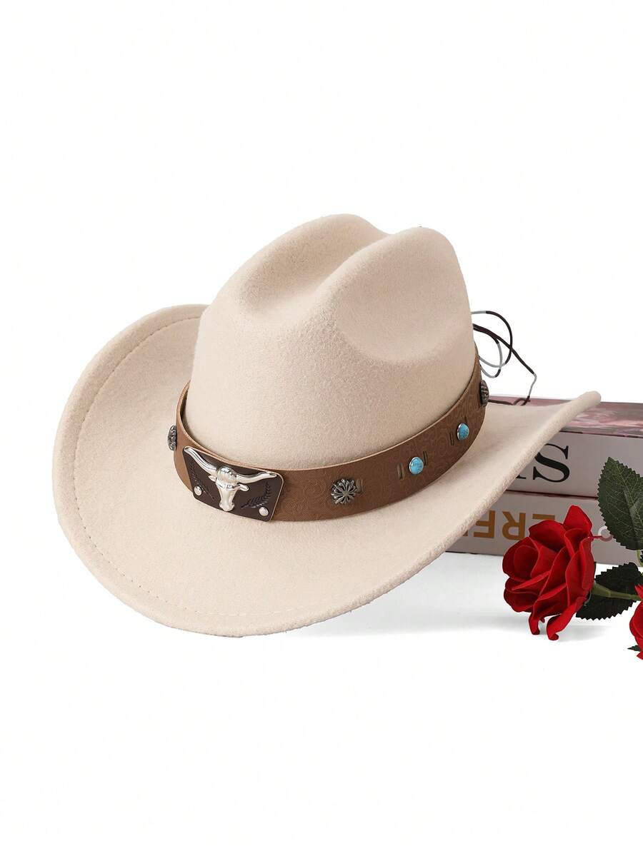 Mũ cao bồi miền Tây vành rộng bằng polyester màu xanh ngọc hình đầu bò, khóa kim loại, đa năng cho các bữa tiệc, sự kiện theo chủ đề miền Tây, tụ họp, cosplay, lễ tốt nghiệp, lễ hội hóa trang, sinh nhật, lễ hội âm nhạc, đi bộ đường dài, và sử dụng hàng ngày. - mũ đội đầu - Xem 1