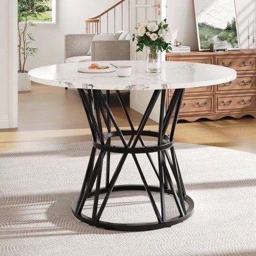 Round Dining Table (100*100*76cm), Kitchen Dining Table, Round Coffee Table For 4 People, Suitable For Dining Room, Living Room, Stylish Metal Table Legs, MDF Marble Tabletop, Black - 黑色 - 查看 1