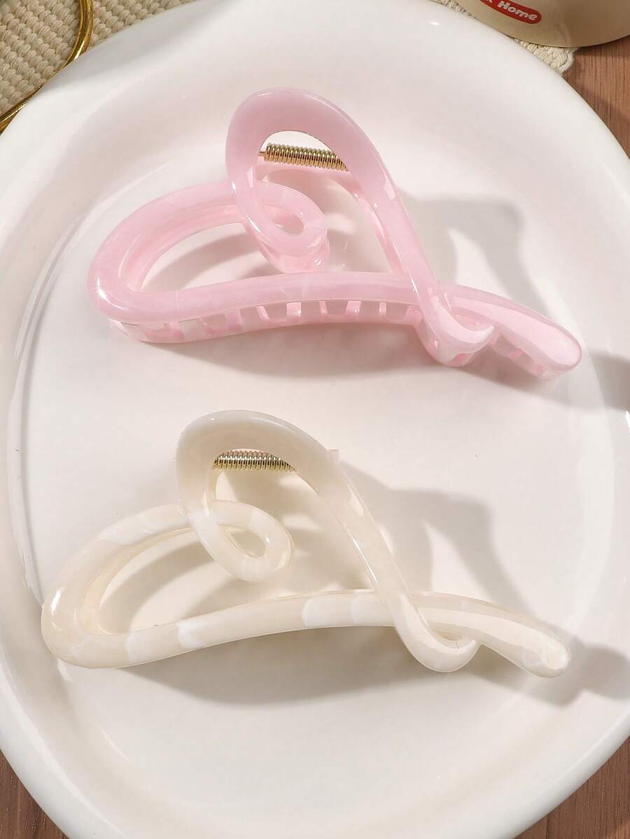 2个白色和粉色大理石纹扎染心形镂空亮面发爪夹，浪漫春日乡村风，清新甜美气质，活力海洋沙滩度假野餐发饰，夏季沙滩发夹，节日派对必备 - 彩色 - 查看 1