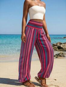 Pantalones rojos a rayas de uso diario versátil y casual para mujer - Rojo - Ver 4