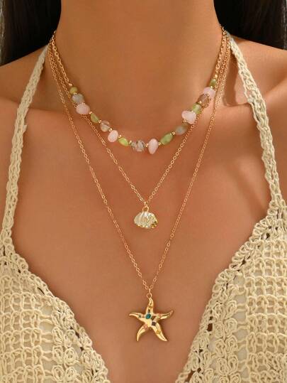 Bộ 3 món dây chuyền đính đá và hình sao biển phong cách Bohemian mùa hè, mặt dây chuyền hình vỏ sò, trang sức thời trang dành cho nữ, phù hợp để đeo hàng ngày, đi nghỉ mát, dự tiệc, du lịch. Hình dạng, kích thước và màu sắc của các viên đá được chọn ngẫu nhiên.